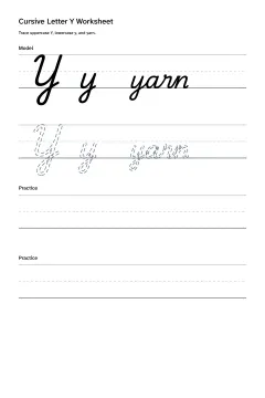 Printable cursive letter Y worksheet with uppercase Y, lowercase y, and yarn practice