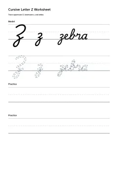 Printable cursive letter Z worksheet with uppercase Z, lowercase z, and zebra practice