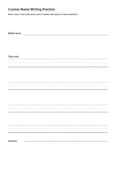 Printable cursive name writing worksheet with model, tracing, and signature practice lines