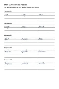 Printable cursive practice worksheet with short words for tracing and independent writing