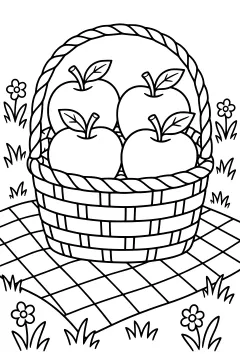 Woven basket containing four apples with stems and leaves, placed on a checkered blanket with grass and small flowers around it.