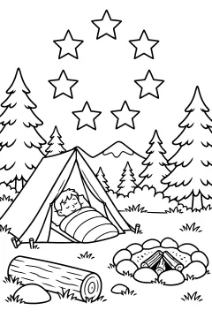 Child sleeping in a tent beneath seven stars, surrounded by pine trees and distant mountains