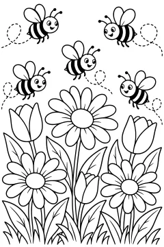 Five cartoon bees flying above daisies and tulips in a garden bed