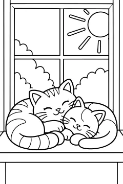 Two cats sleeping together on a windowsill with a sun and clouds outside the window