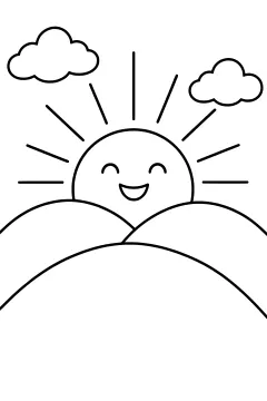Smiling sun rising above three rounded hills with two clouds and radiating rays