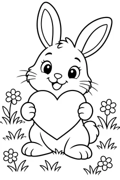 Cute bunny holding a heart in a meadow with flowers and grass