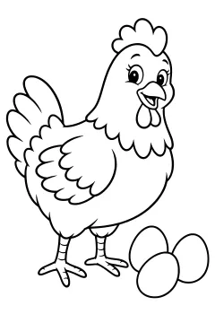 Cartoon chicken with fanned tail feathers standing beside three oval eggs