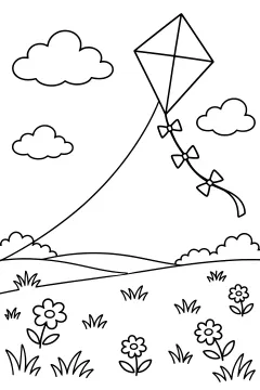 Diamond kite flying above a grassy field with clouds and flowers