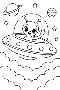 Alien waving from a flying saucer with planets and stars in the sky