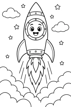 Cartoon rocket with smiling face launching through clouds with flame-like exhaust below