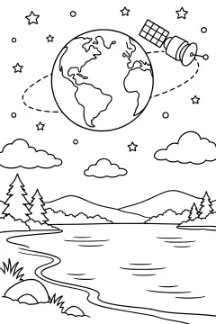 Satellite orbiting a planet with continents and oceans