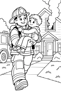 Firefighter holding a child while smoke escapes a house window, with a fire truck and bushes nearby