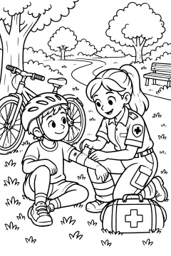 Paramedic assisting a cyclist wearing a helmet beside a bicycle on a park path with trees and a bench in the background.