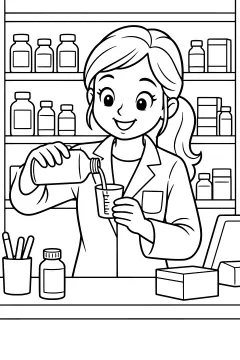 Smiling woman pouring liquid into a measuring cup behind a pharmacy counter with shelves of bottles