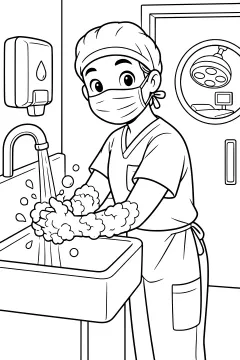 Surgeon washing hands at a sink with water and soap bubbles, near a dispenser and an operating room door
