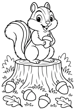 Chipmunk perched on a stump with scattered acorns and leaves