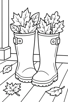 Pair of rain boots filled with leaves on a wooden porch
