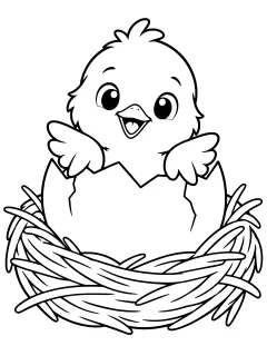 Cartoon chick peeking out of a cracked eggshell inside a straw nest