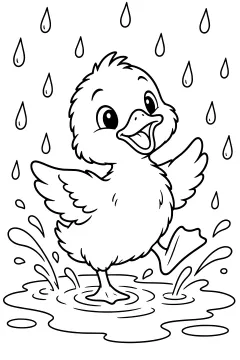 A duckling standing in a puddle with splashes and raindrops falling around it