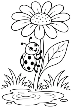 Ladybug climbing a daisy flower and a rain puddle