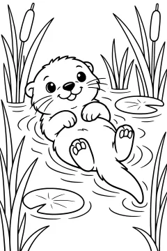 Otter pup floating in water with tall reeds and lily pads around it