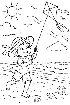 Child running on a beach with a kite flying in the sky