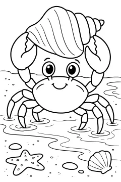 Cartoon crab holding a large spiral seashell on its back near a starfish and a smaller shell on wet sand