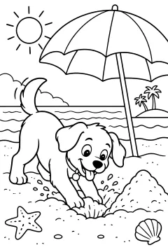 Dog digging in the sand under a beach umbrella with palm trees and a sun in the sky
