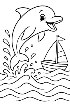 Dolphin jumping above waves with a sailboat nearby
