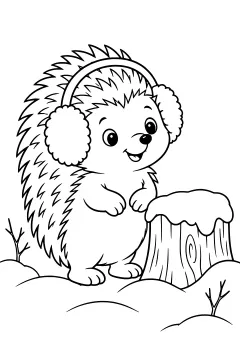 Hedgehog wearing earmuffs standing near a snowy stump