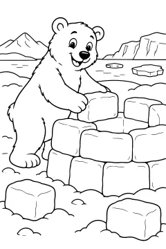 Polar bear building a snow fort with ice blocks in a snowy landscape