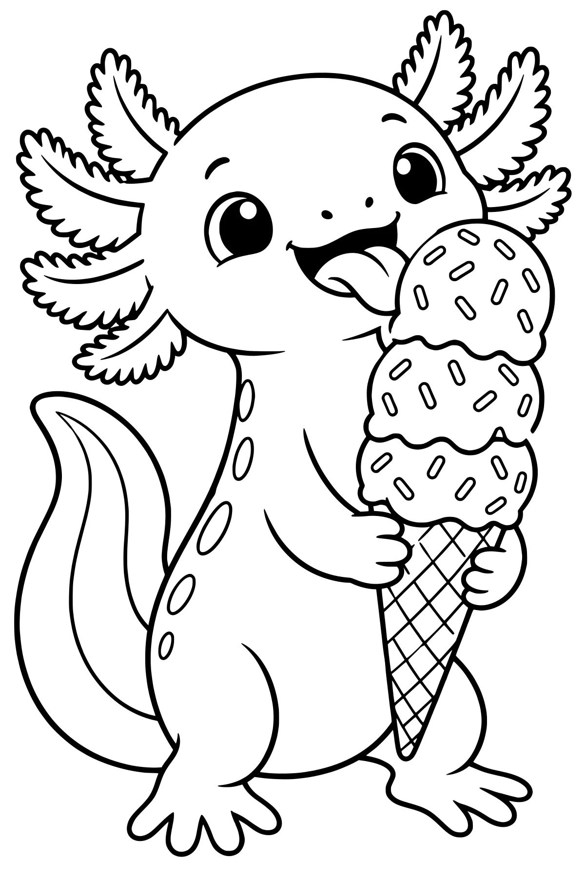 Axolotl holding a tall ice cream cone, with its tongue touching the top scoop and feathery gills framing its head.