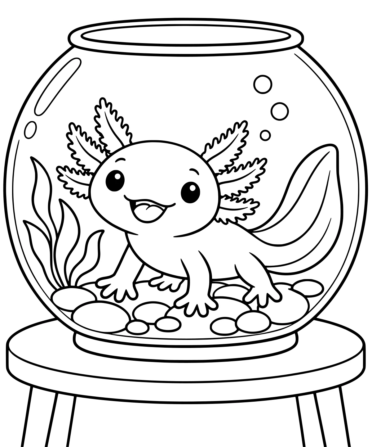 Wide-eyed axolotl with frilly external gills and a curled tail inside a round fish bowl with pebbles, aquatic plants, and bubbles.