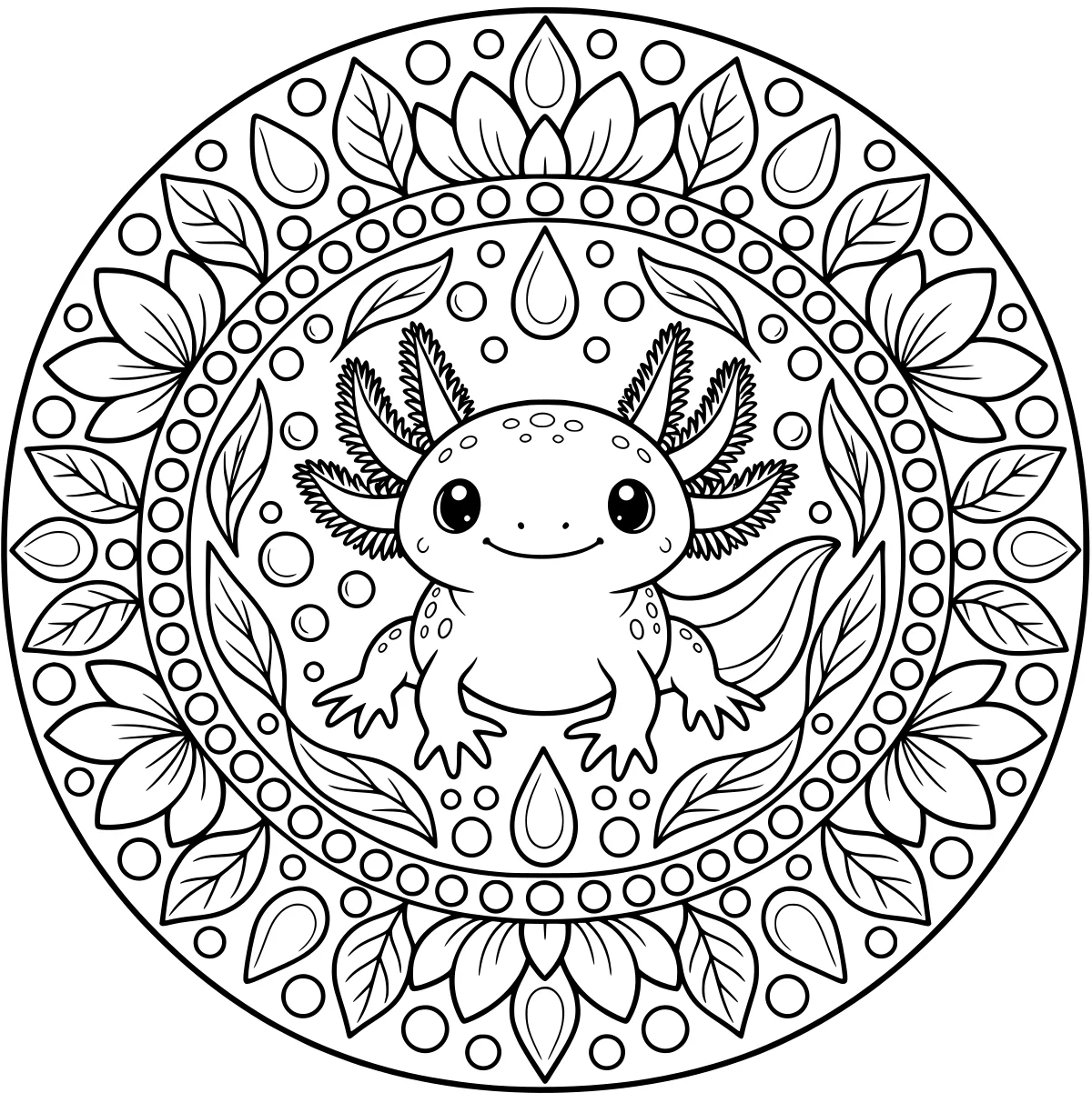 Spotted axolotl with feathery gills centered inside a circular floral mandala of leaves, petals, droplets, and dots.