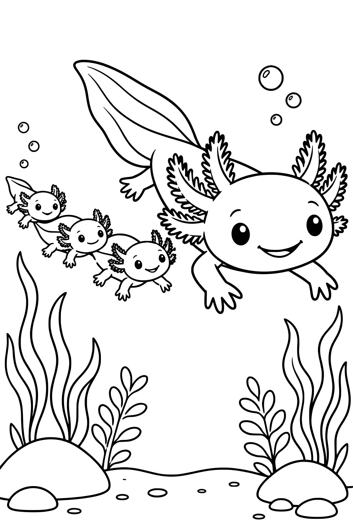 Large axolotl swimming with three smaller axolotls above aquatic plants, stones, bubbles, and a sandy bottom.