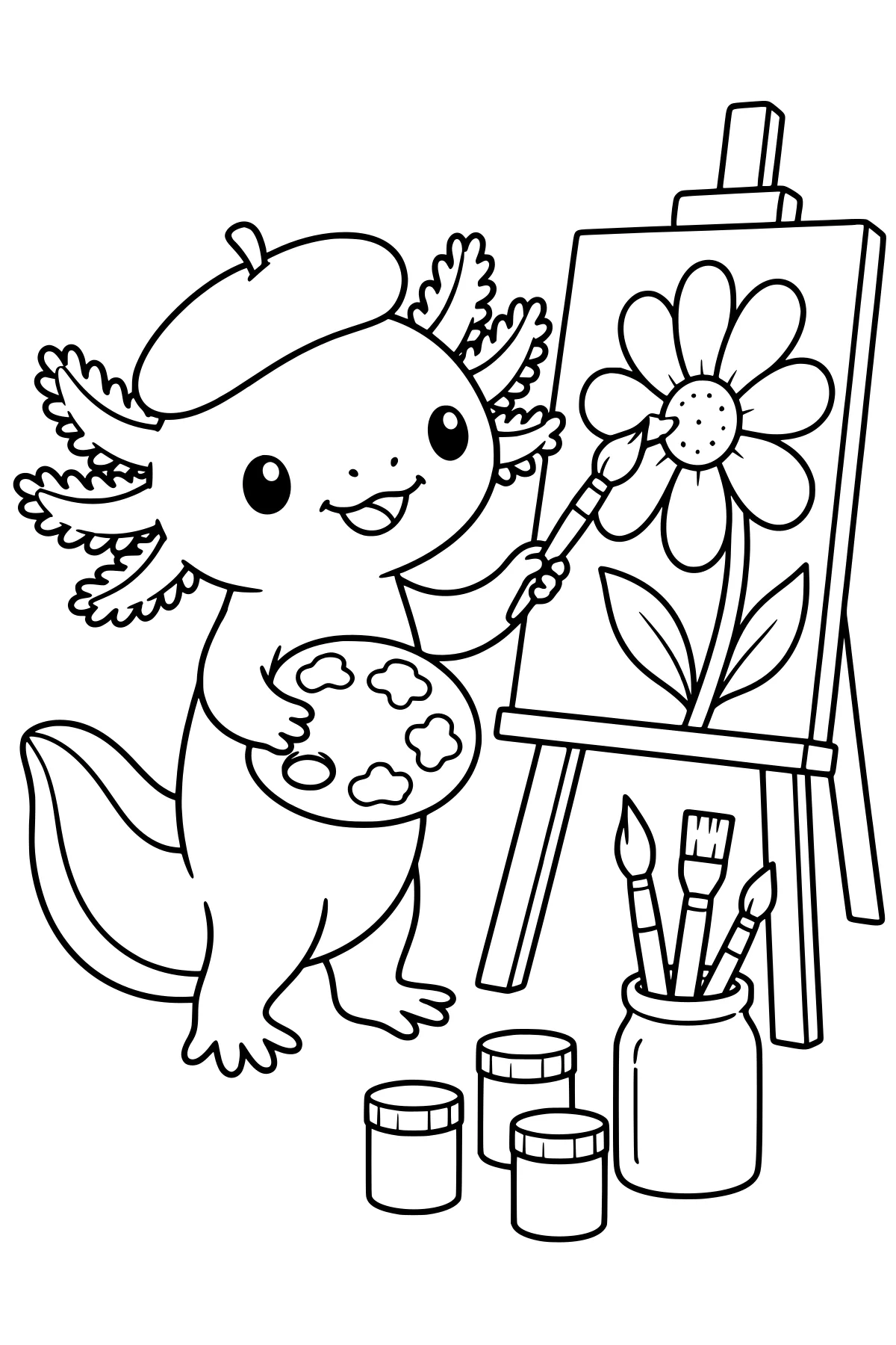 Axolotl in a beret holding a palette and painting a flower on an easel, with paint pots and a jar of brushes nearby.