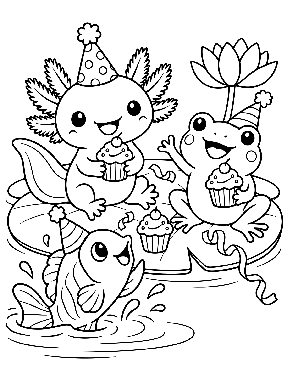 An axolotl and frog in party hats hold cupcakes on a lily pad as a party-hat fish rises from the pond near a lotus flower and streamers.