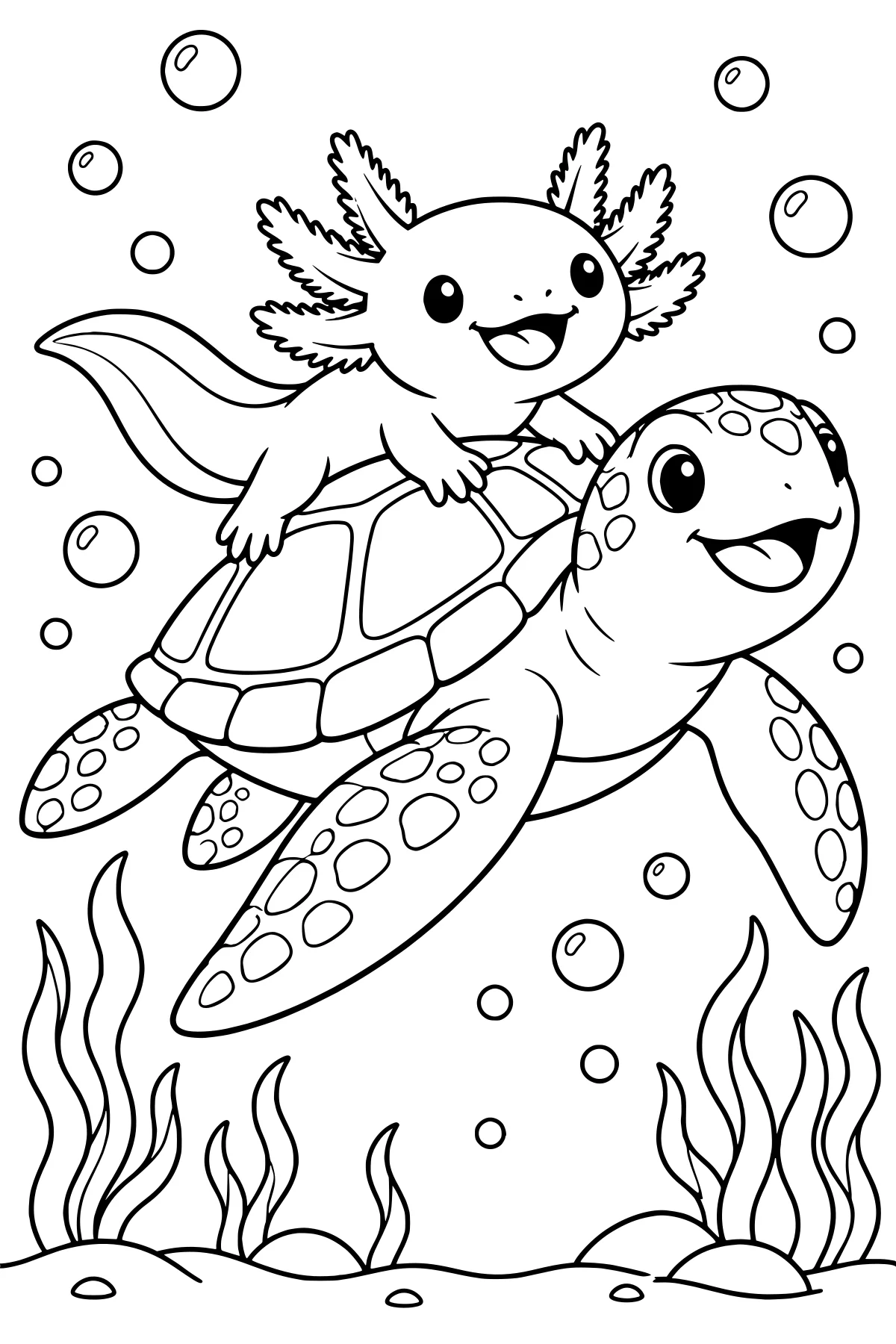 Axolotl riding on a sea turtle underwater among bubbles, seaweed, rocks, and a sandy seabed.