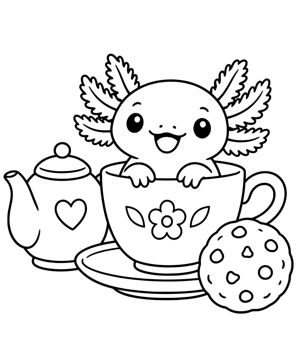 Axolotl sitting in a flower-decorated teacup beside a heart-marked teapot, saucer, and round cookie.