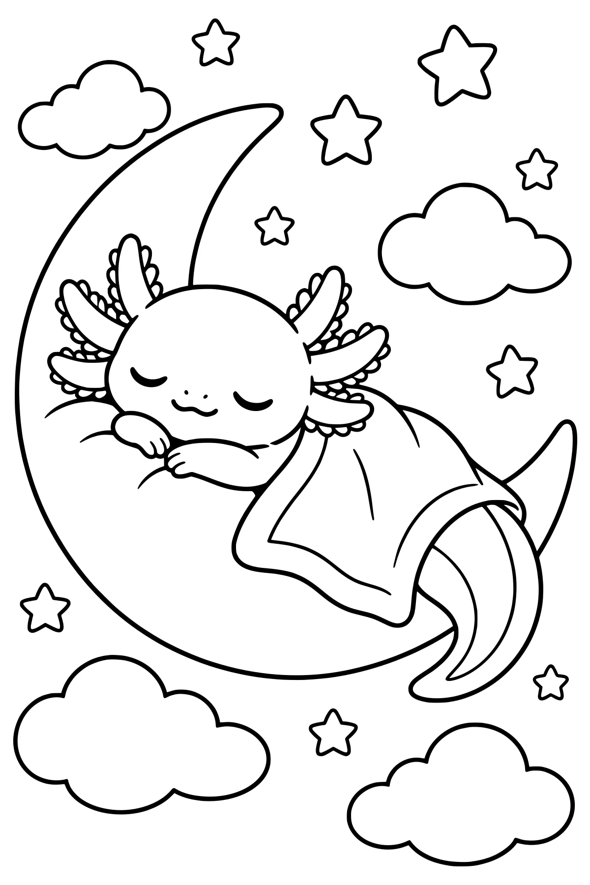 Sleeping axolotl resting on a crescent moon beneath a blanket, surrounded by puffy clouds and stars.
