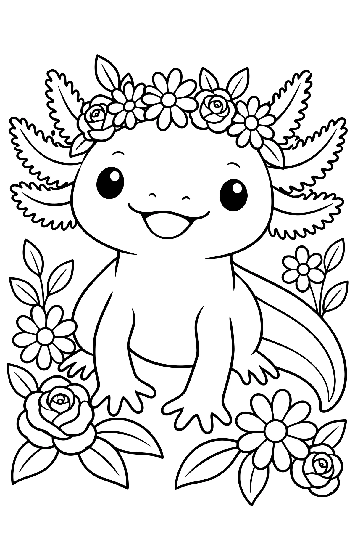 Front-facing axolotl with feathery external gills, an open mouth, a curved tail, a flower crown, and blossoms with leaves around its body.
