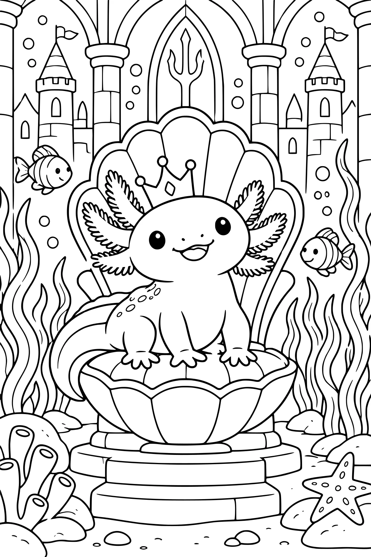 Crowned axolotl seated on a shell-shaped throne inside an underwater castle with fish, seaweed, coral, bubbles, and a starfish.