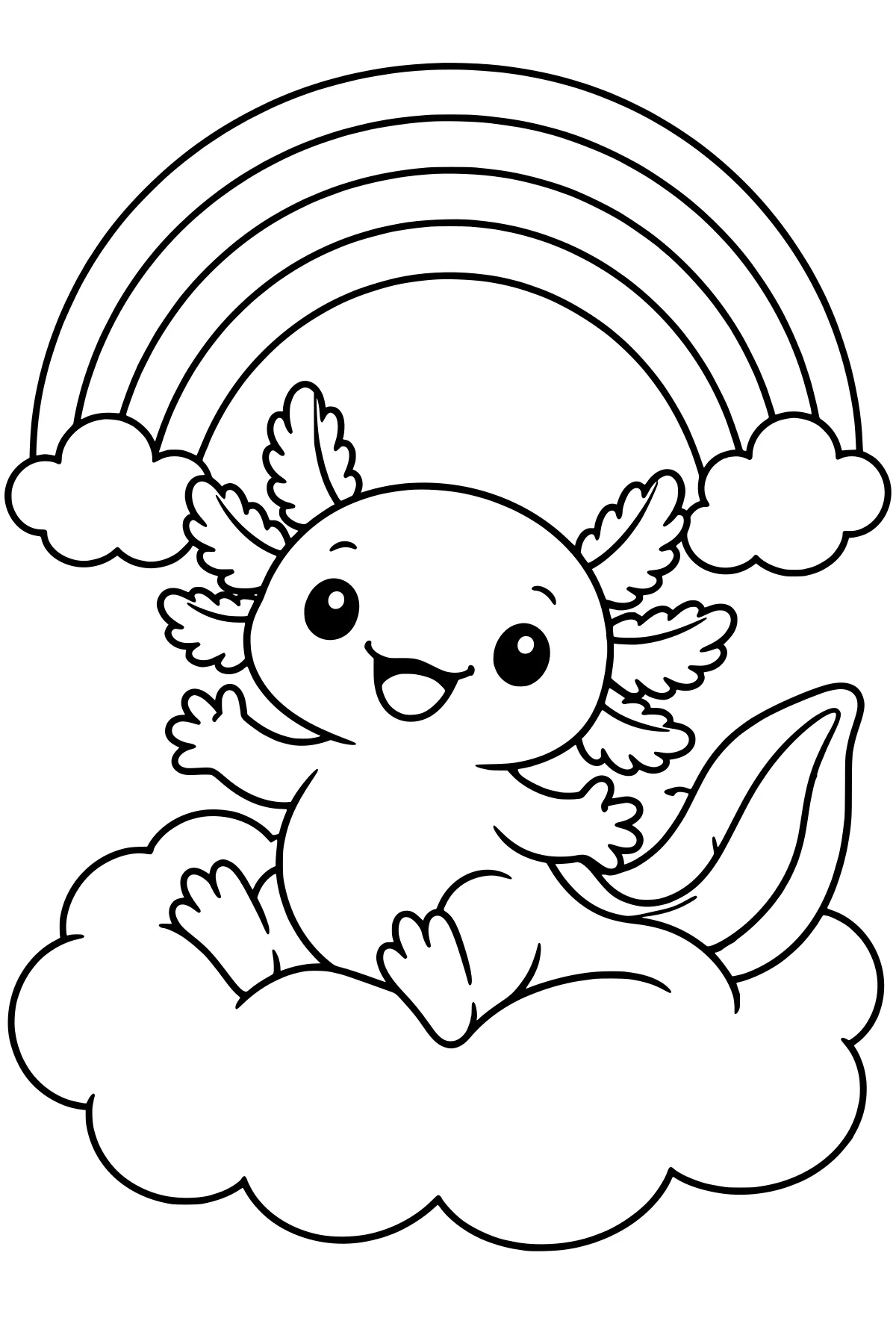 Round axolotl sitting on a cloud beneath an arched rainbow, with feathery external gills, wide eyes, an open mouth, small limbs, and a curved tail.