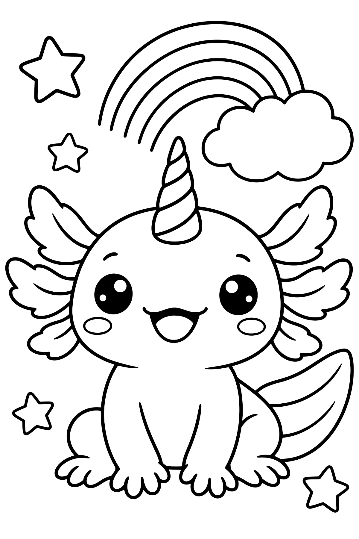 Round-faced axolotl with a spiraled unicorn horn, feathery external gills, striped tail, rainbow, cloud, and surrounding stars.
