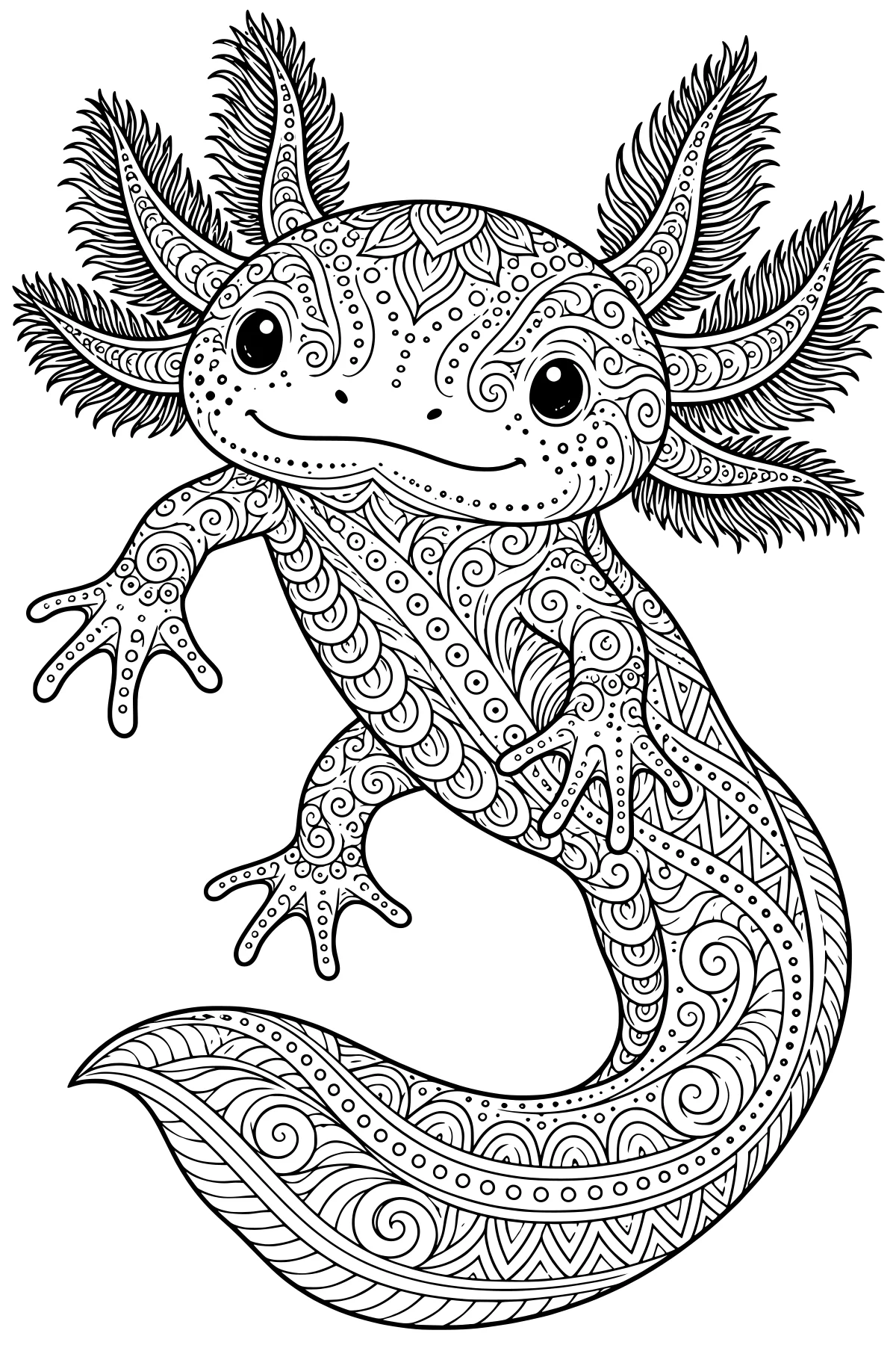 Line art of a curved axolotl with feathery external gills, wide eyes, limbs, a sweeping tail, and ornate swirls, dots, leaves, scallops, and geometric bands.
