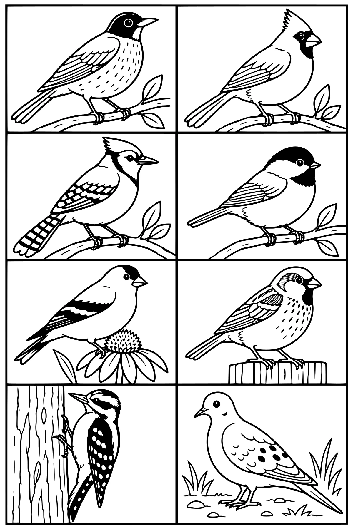 Grid of backyard birds perched on branches, a flower, and a wooden post, with a woodpecker on a tree trunk and a bird standing among grass and stones.