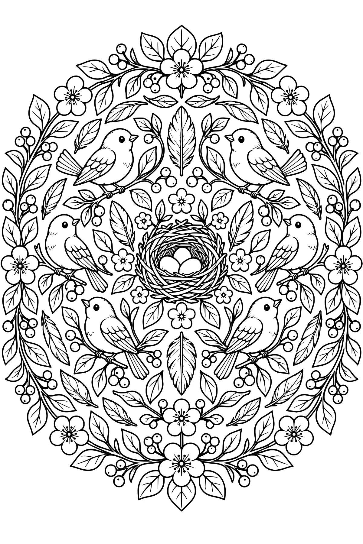 Birds perched among flowers, leaves, berries, and feathers around a central woven nest with eggs in an oval arrangement.
