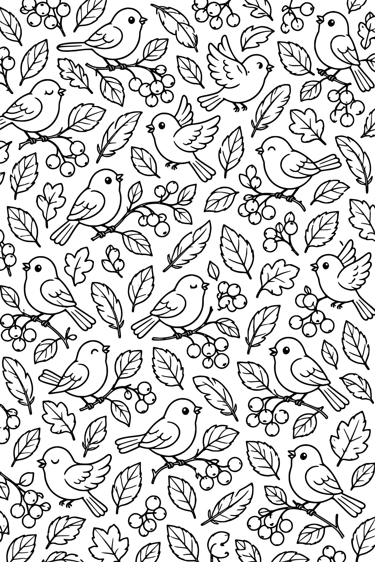 Black-and-white line art of birds among branches, scattered leaves, berry clusters, and small sprigs in a repeating pattern.