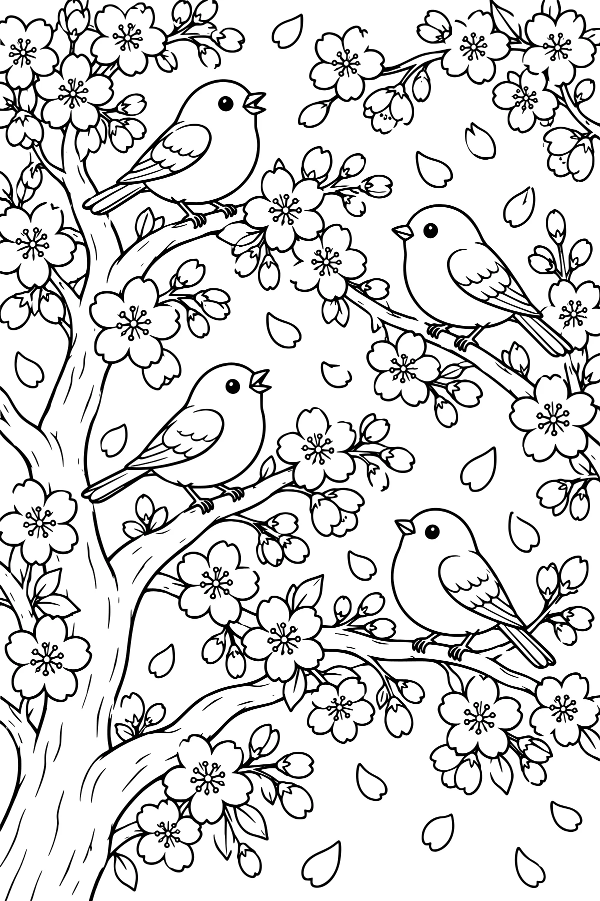 Four small birds perched among flowering cherry tree branches, open blossoms, buds, leaves, and falling petals.