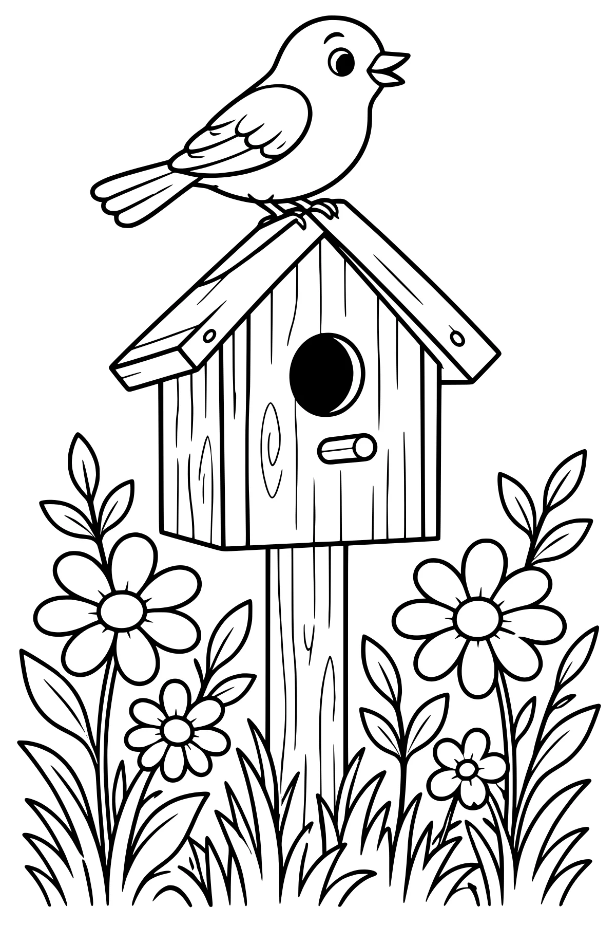 Bird perched on a peaked birdhouse roof above flowers, leafy stems, tall grass, and a wooden post.